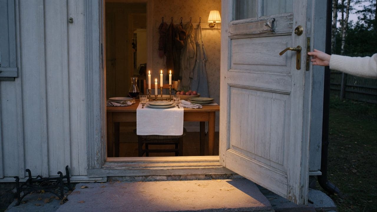 En öppen ytterdörr i skymning, med ett dukat bord och tända ljus inne i huset