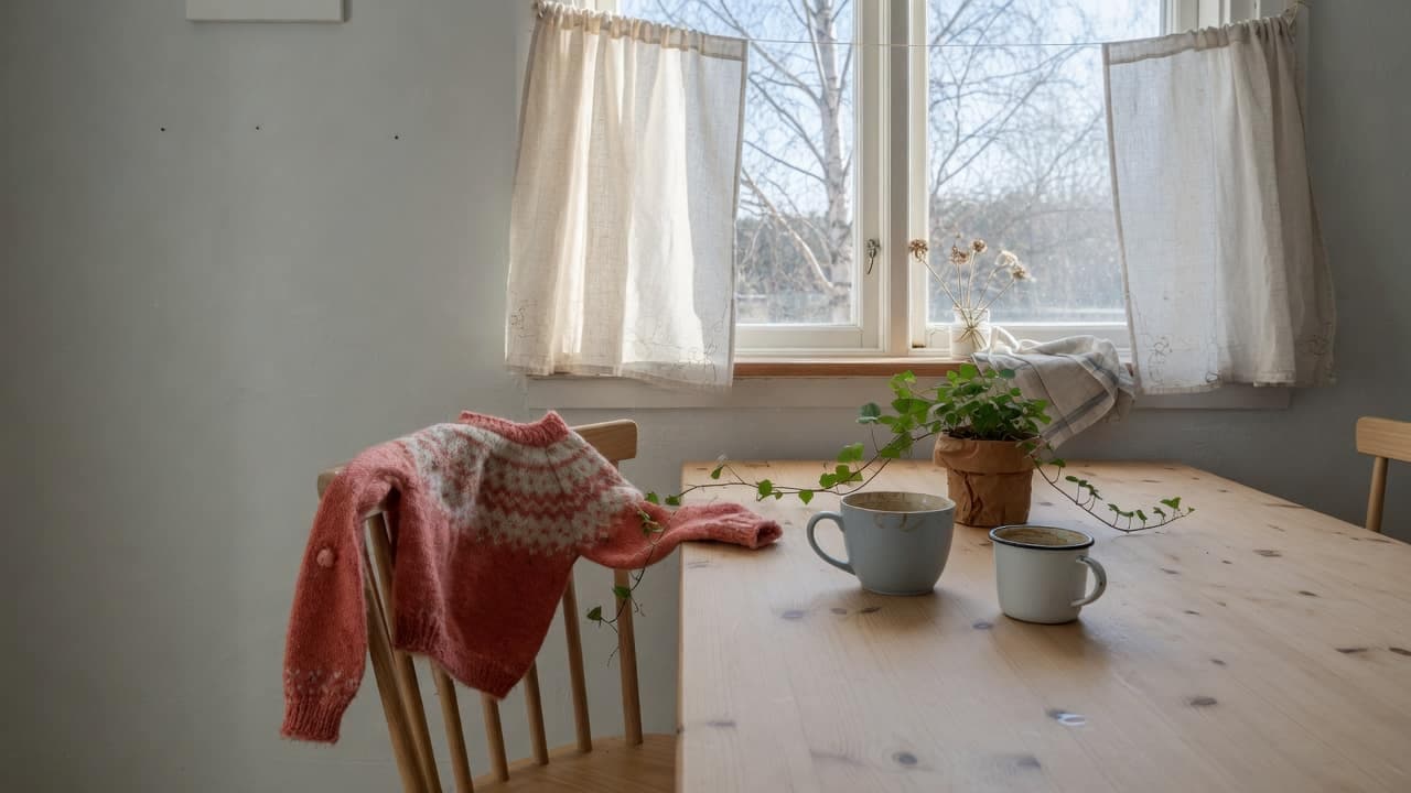 En barntroja över en stol och två kaffekoppar på ett köksbord i morgonljus