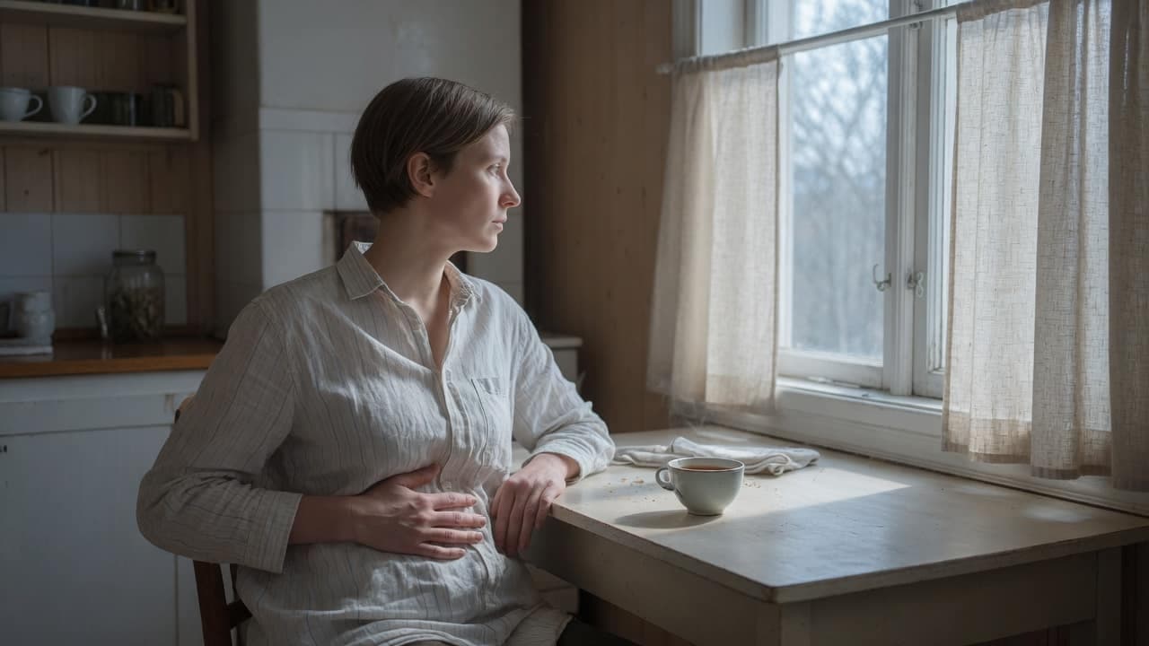 En person sitter vid ett köksfönster med handen mot magen