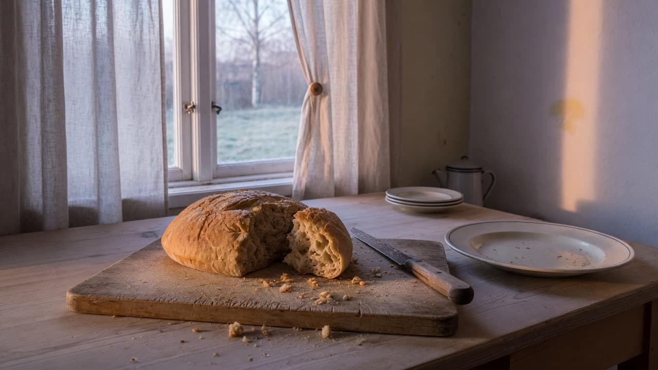 Ett uppsprättat vetebröd på en bakbräda vid ett köksfönster i morgonljus