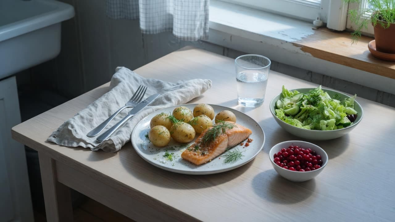 Potatis, lax, sallad och lingon upplagda på ett köksbord i sidoljus