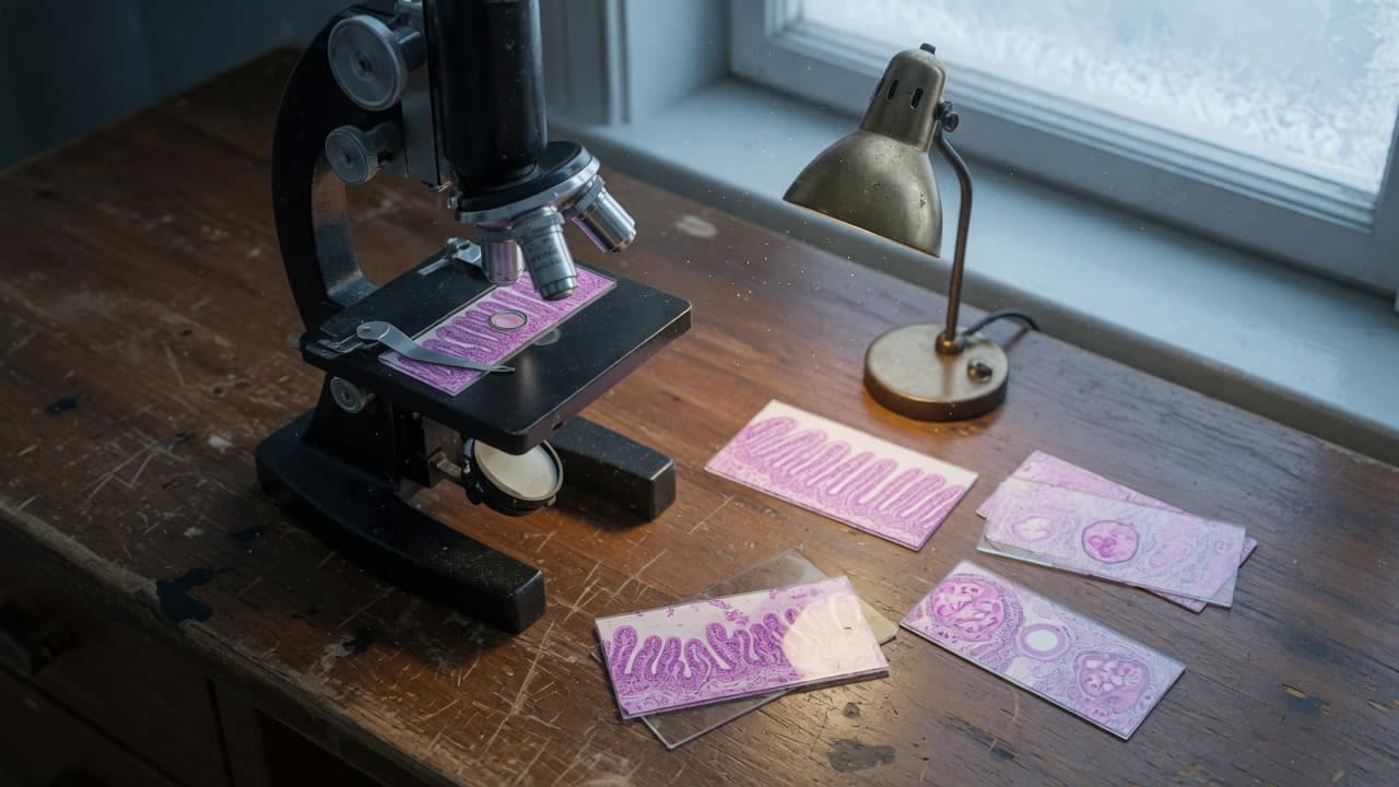 Ett mikroskop och glas med vävnadssnitt på en sliten träbänk i sidoljus
