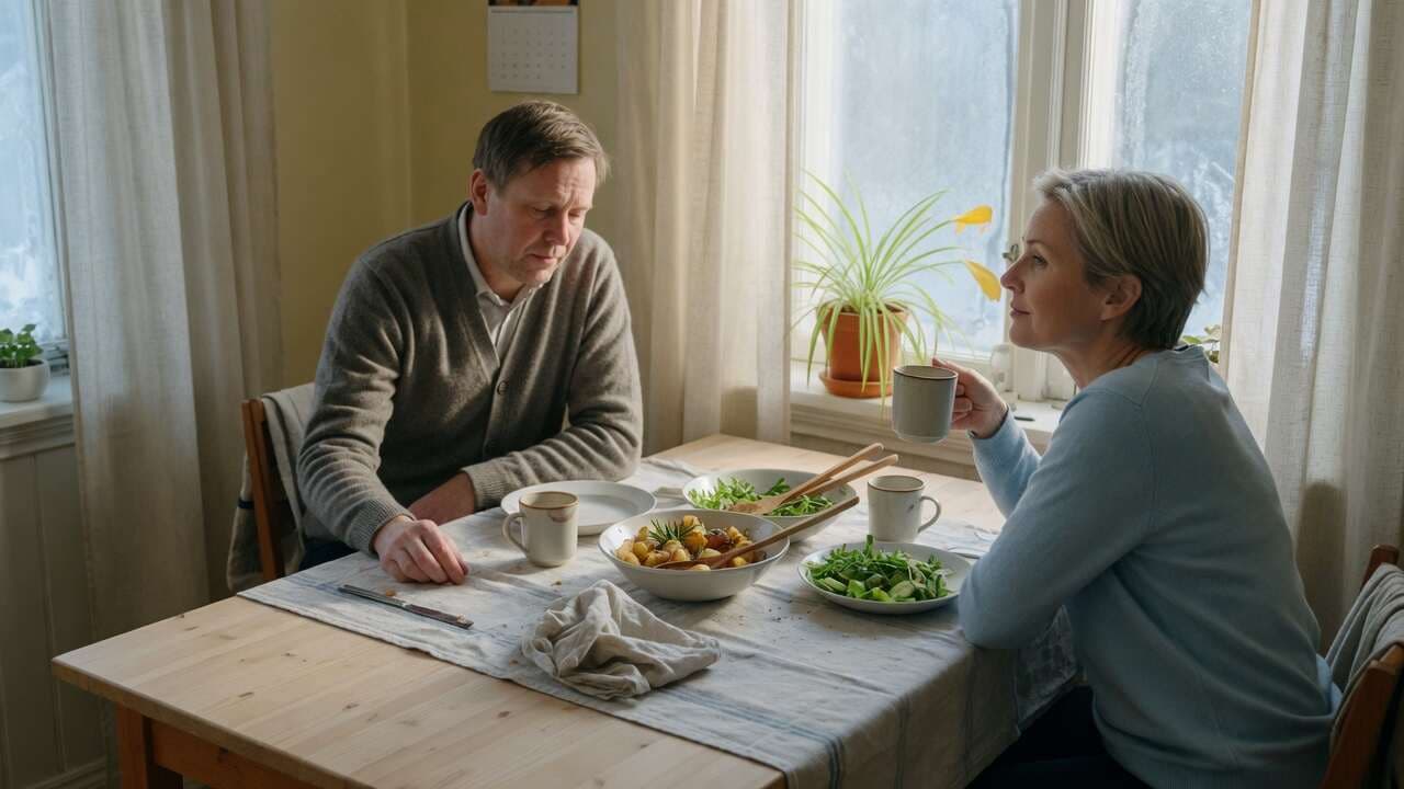 Två personer vid ett köksbord. Den ena sitter tyst, den andra tittar ut mot fönstret.