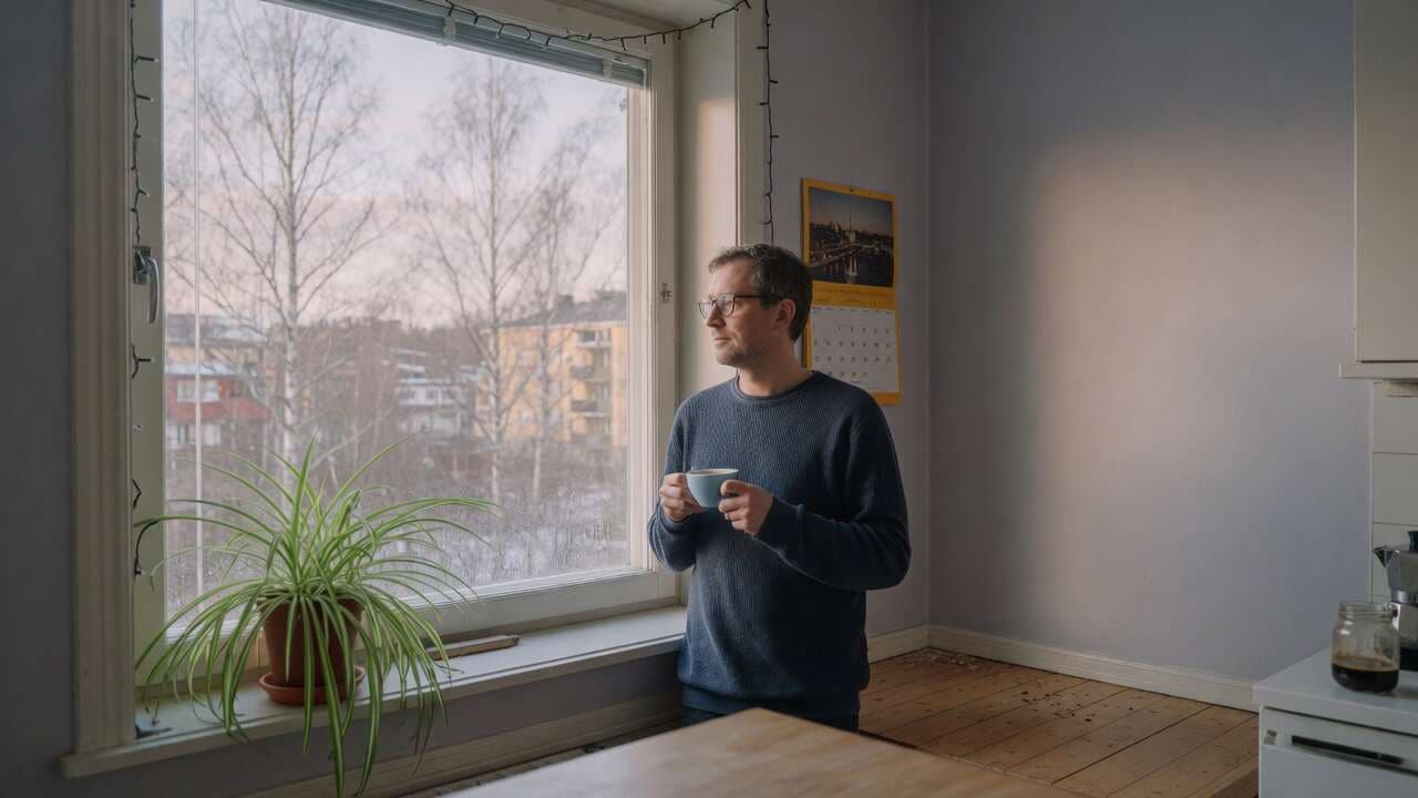 En person står vid ett köksfönster med en kopp och tittar ut, utan synliga besvär.
