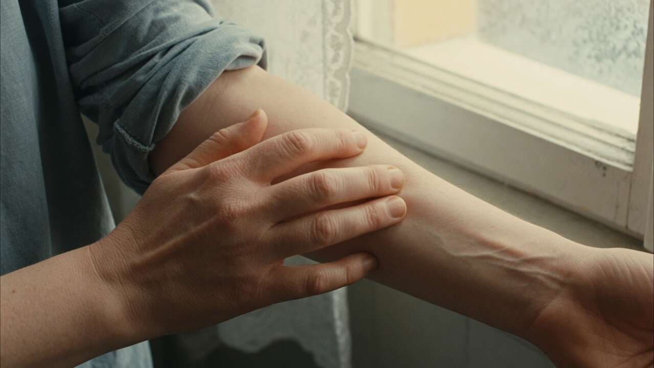 En hand vilar mot en underarm i sidoljus från ett fönster