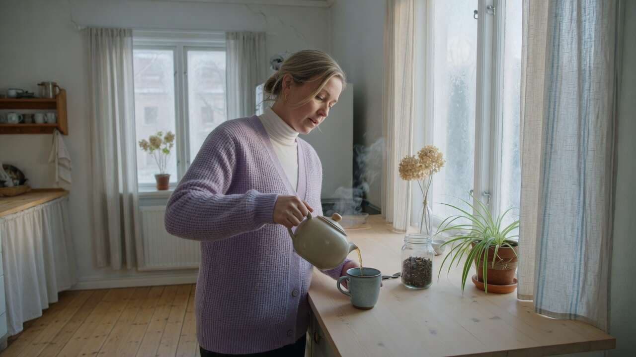 En person häller te i en kopp vid ett köksfönster i morgonljus