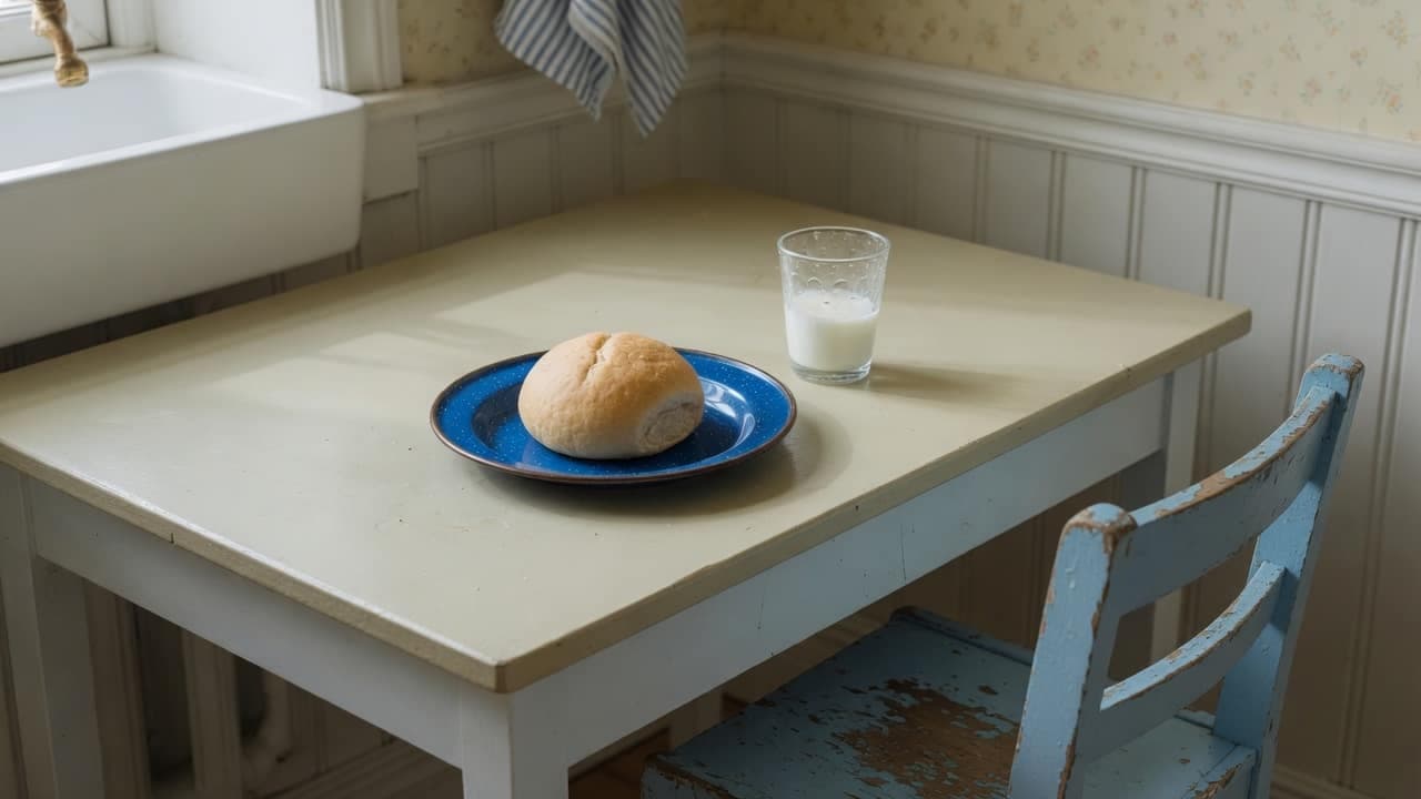 En vetebulle på en blå tallrik vid en barnstol, med ett glas mjölk