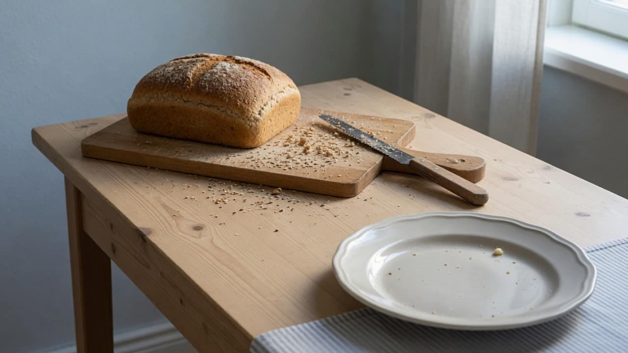 Ett vetebröd lämnat på en bräda, och en tom tallrik i förgrunden