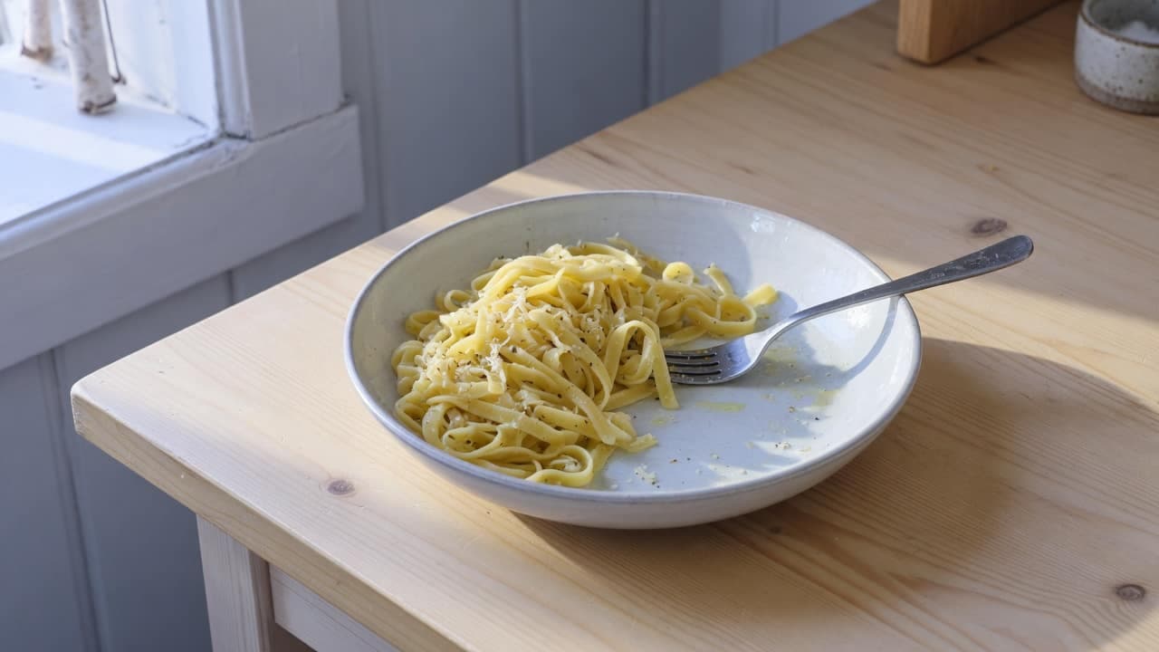 En skål vetepasta med gaffeln vilande i, på ett träbord i sidoljus