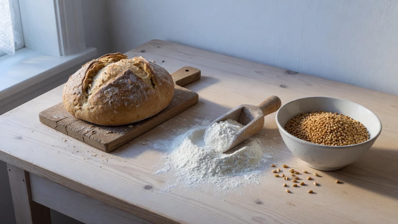 Vetebröd, vetemjöl och vetekärnor på ett träbord i sidoljus