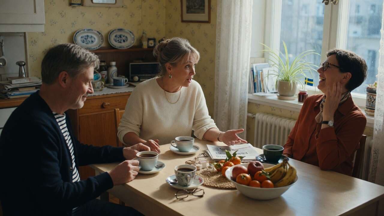 Tre personer som sitter runt ett bord med kaffe och frukt och pratar