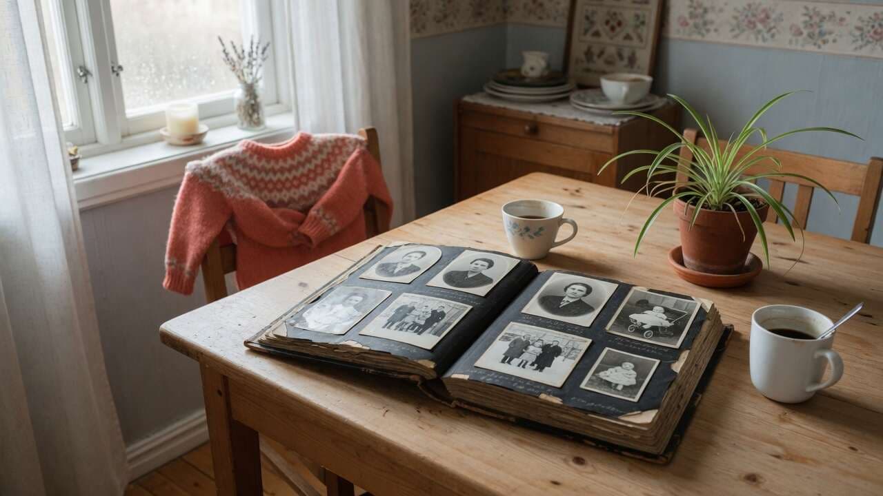 Ett öppet släktalbum på ett köksbord i morgonljus, med kaffe och en barntroja på stolen