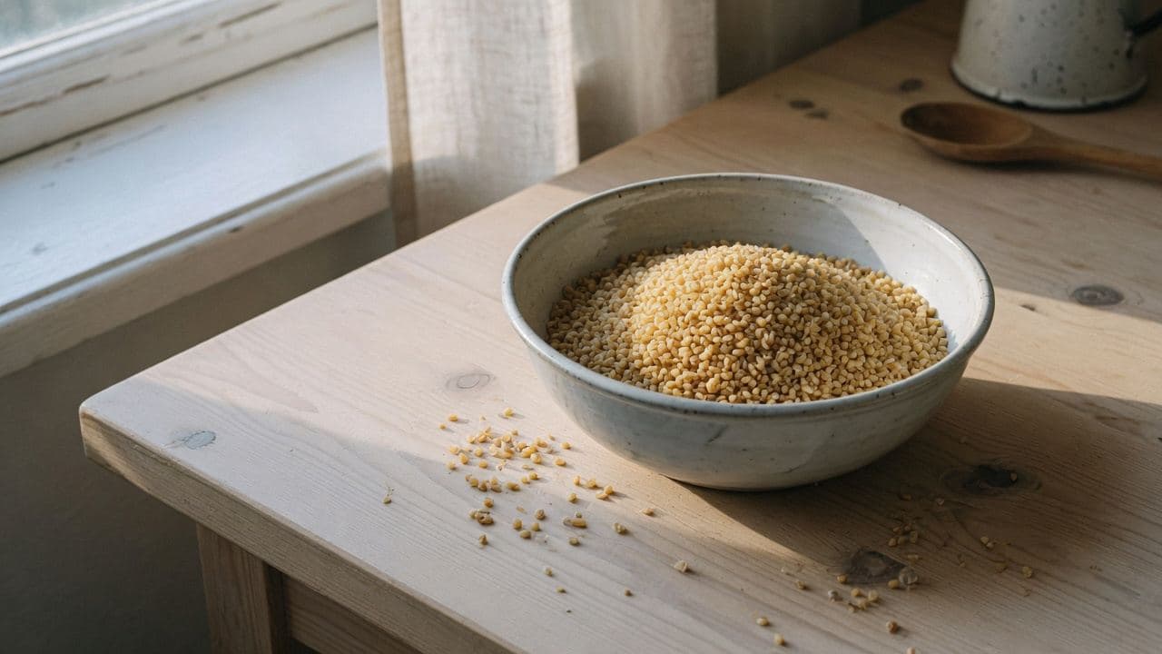 Bulgur i en keramikskål på ett träbord i sidoljus