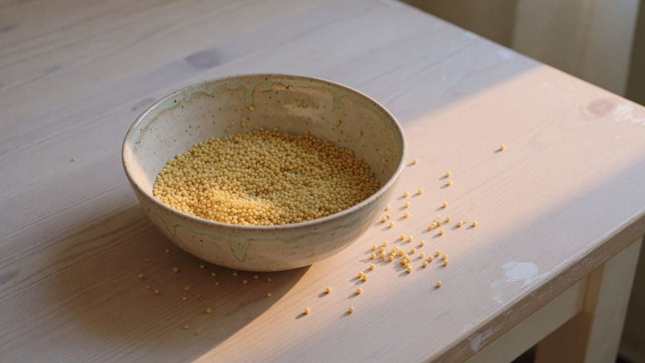 Couscous i en keramikskål på ett träbord i sidoljus