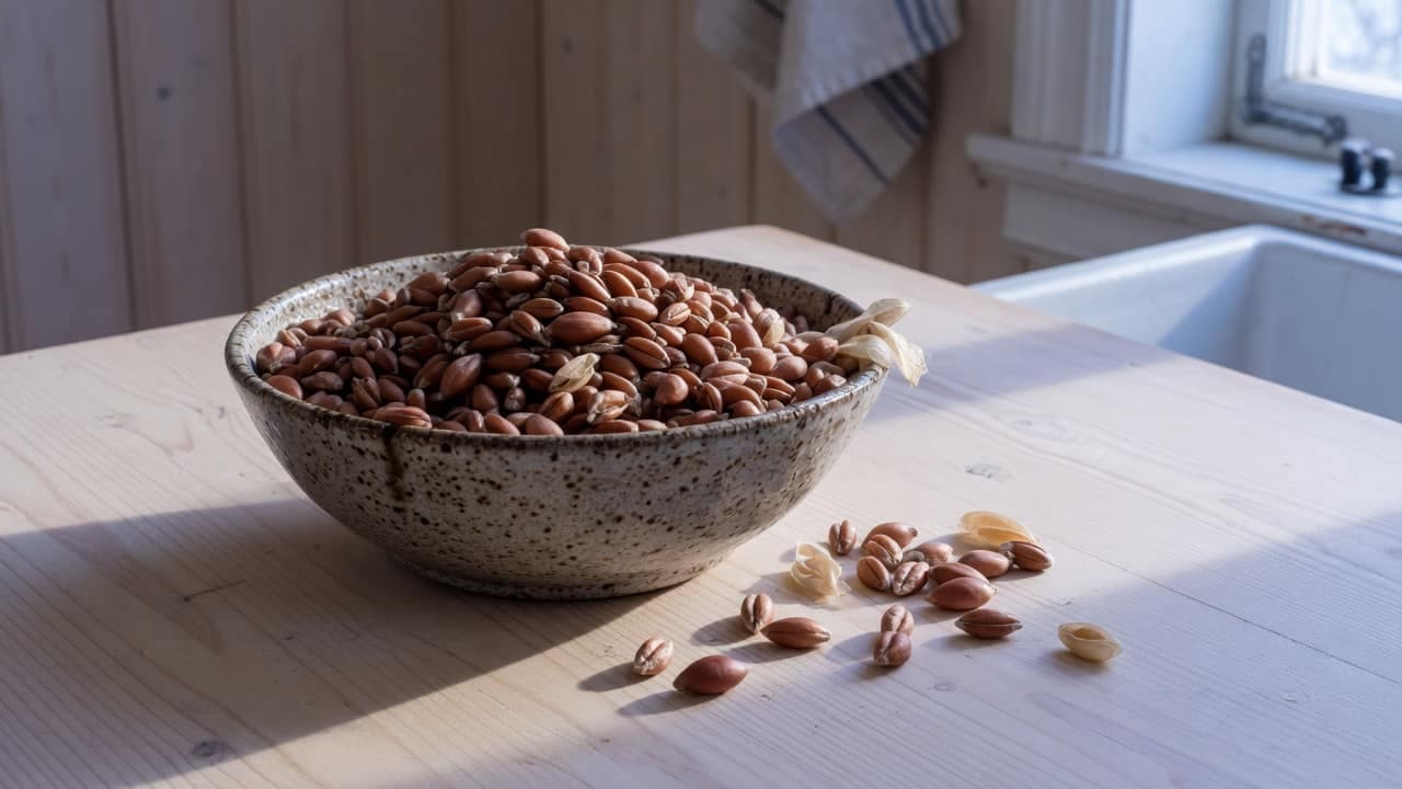 Rödbruna dinkelkärnor i en skål på ett träbord i sidoljus