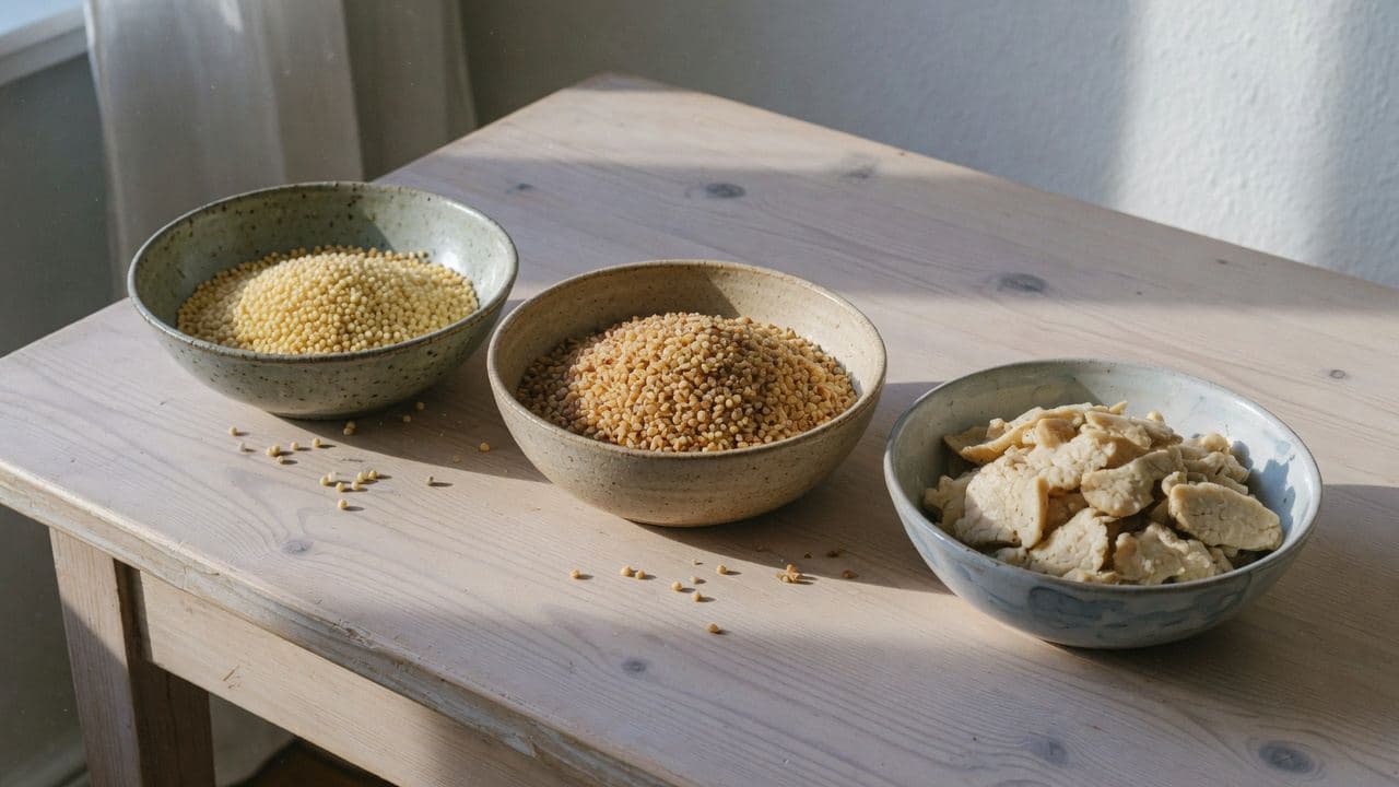 Tre skålar: couscous, bulgur och seitan på ett träbord