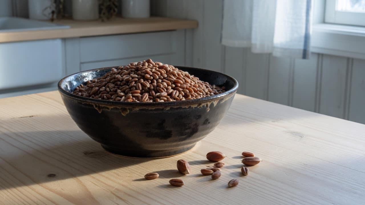 Mörkt kastanjebruna emmerkärnor i en mörk skål