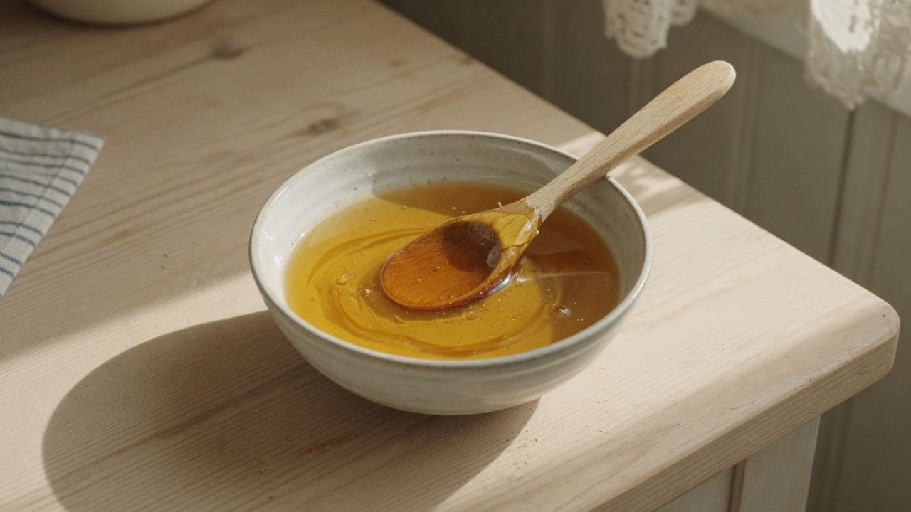 Gyllene glukossirap i en skål med träslev
