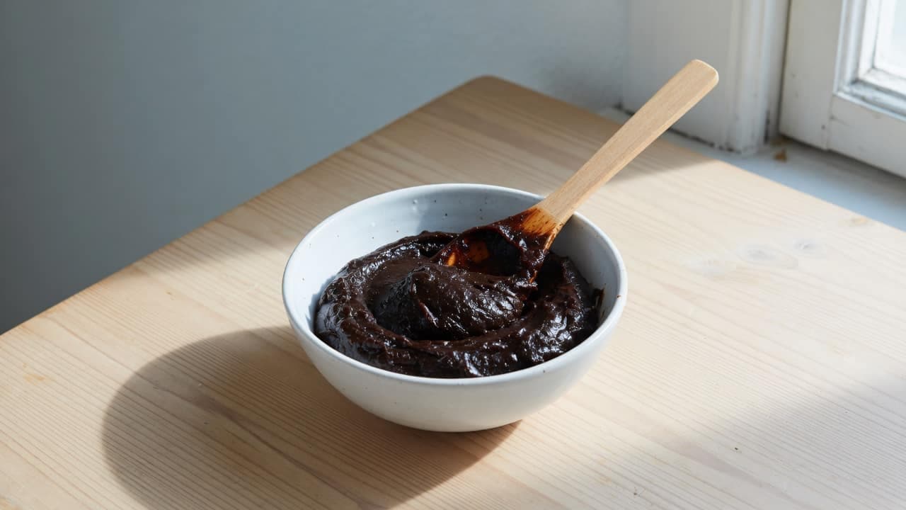 Mörk jästextraktpasta i en keramikskål med träslev