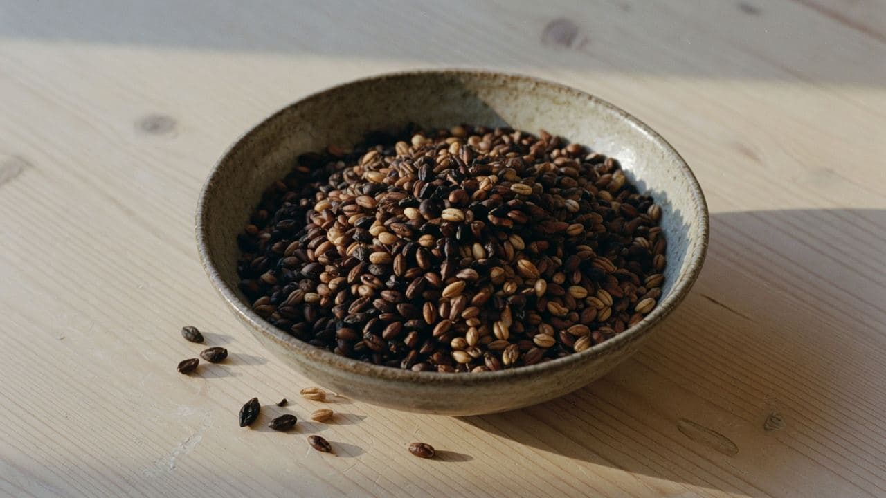 Mörka mältade kornkärnor i en keramikskål