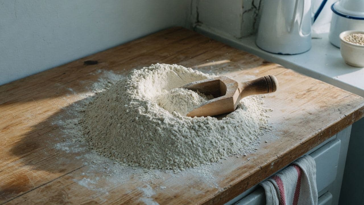 Kornmjöl på en bakbänk med träslev