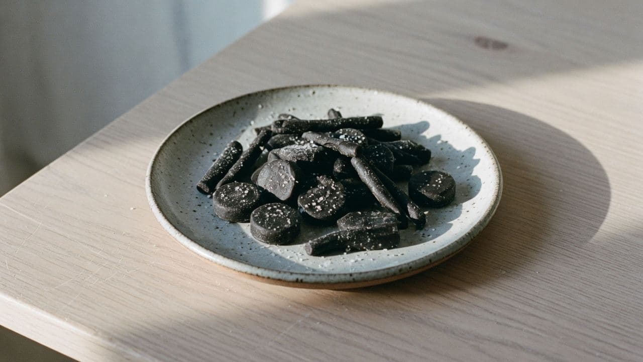 Mörk saltlakrits på ett keramikfat i sidoljus