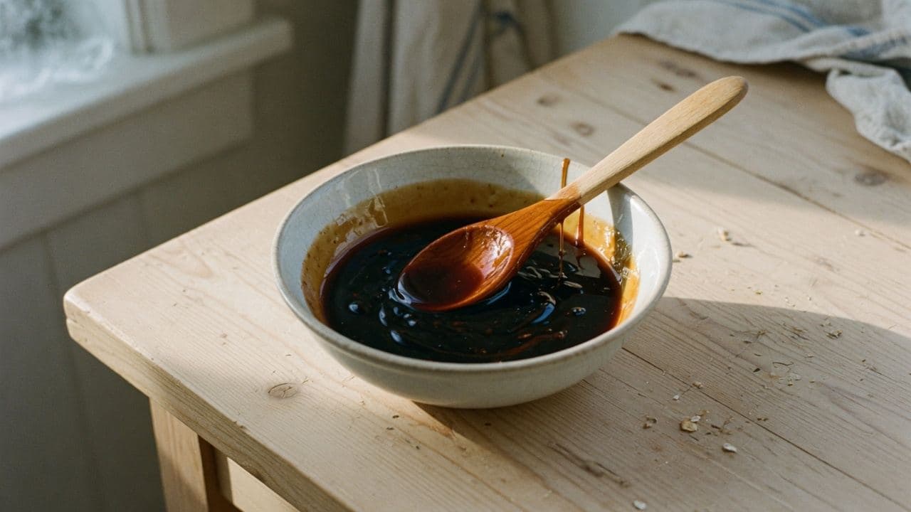 Mörk maltextraktsirap i en skål med träslev