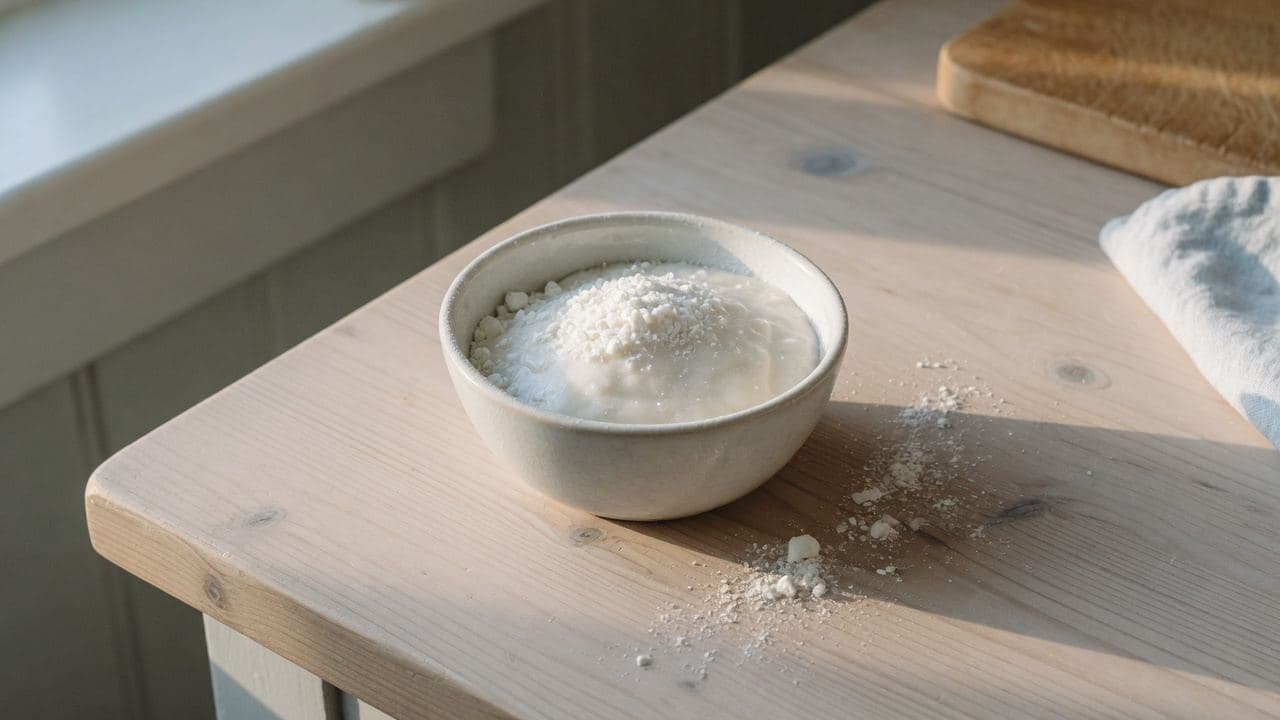 Fint vitt stärkelsepulver i en liten keramikskål