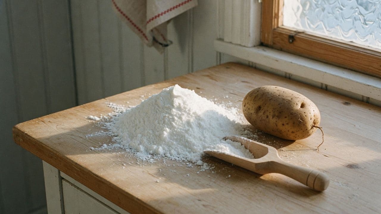 Potatismjöl på en bakbänk med en hel potatis bredvid