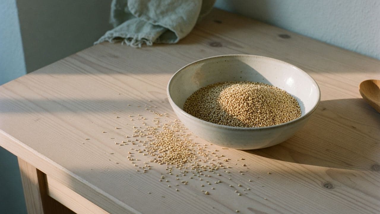 Quinoa i en keramikskål på ett träbord i sidoljus