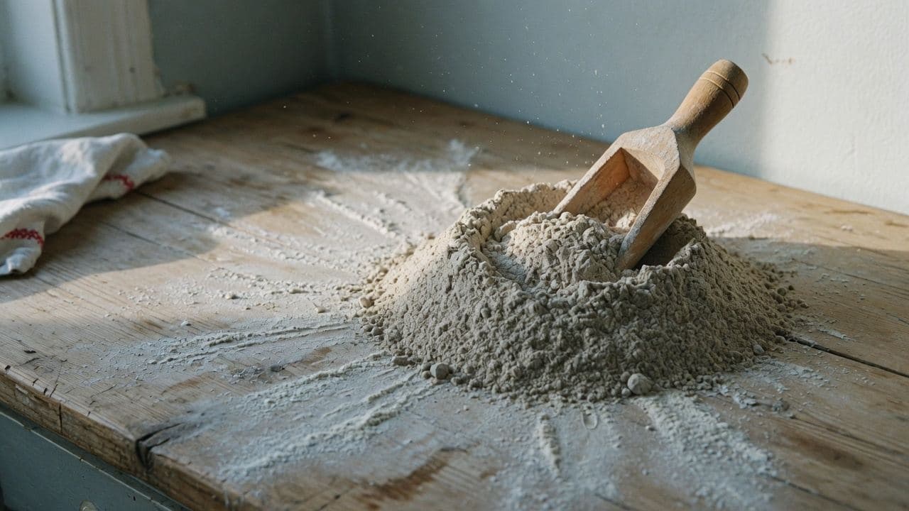 Gråbrunt rågmjöl på en bakbänk med träslev
