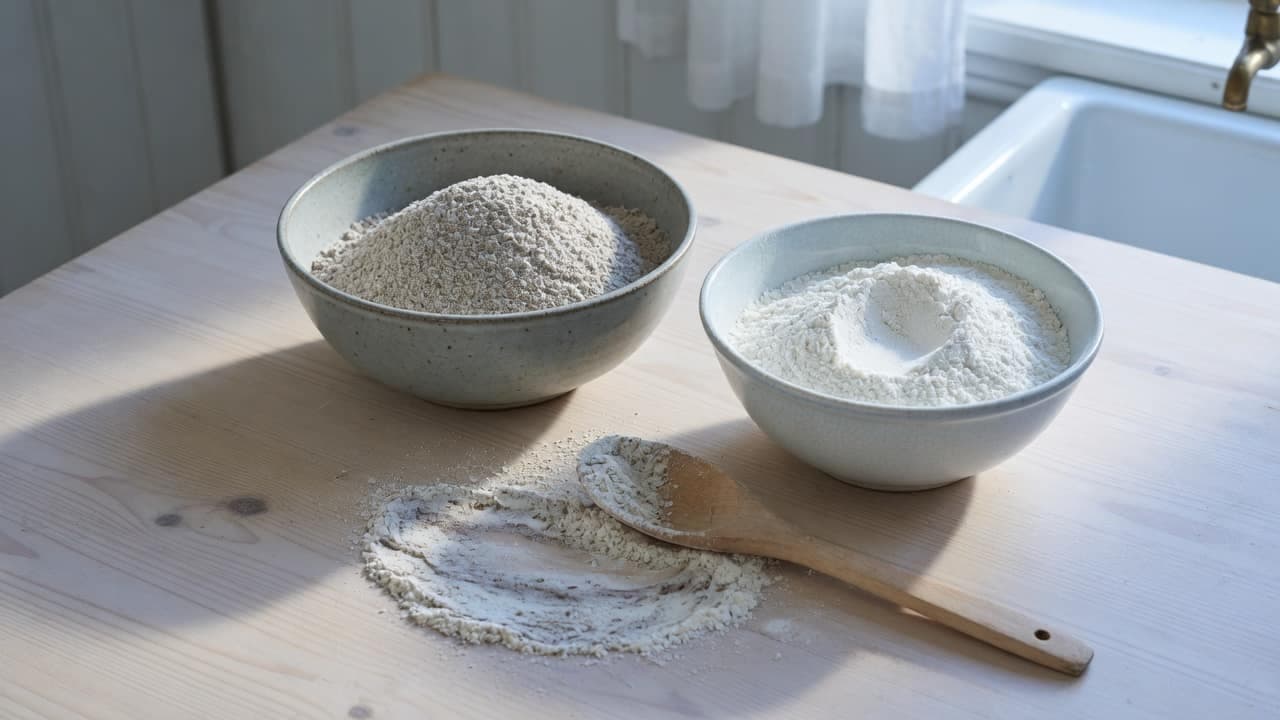 Två skålar mjöl sida vid sida, gråbrunt rågmjöl och ljust vetemjöl, med en blandning emellan