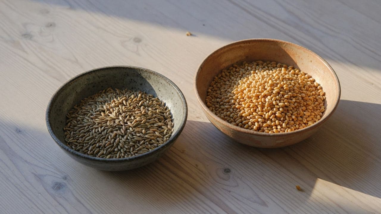Två skålar kärnor sida vid sida, råg och vete