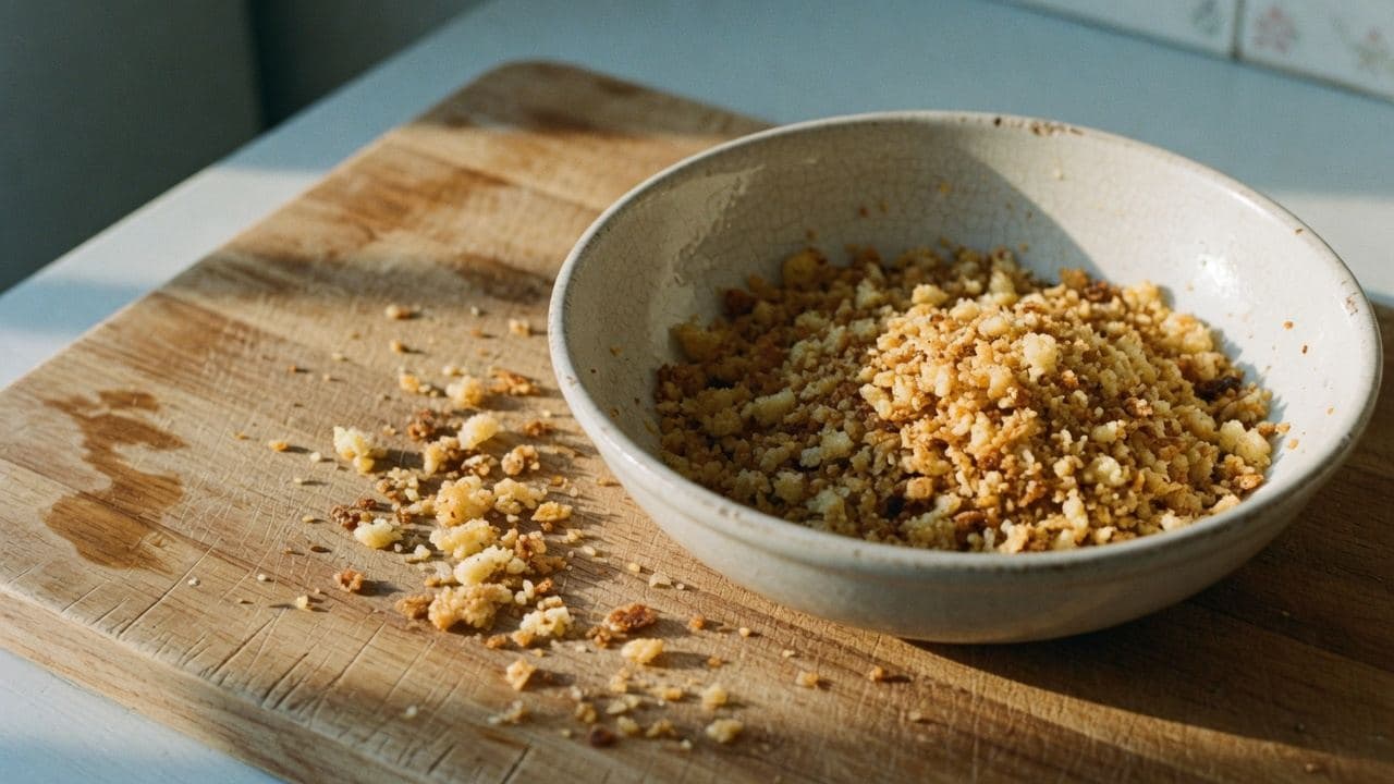 Ströbröd i en keramikskål på en sliten skärbräda