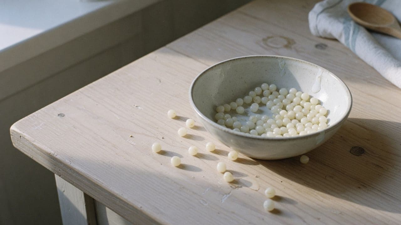 Tapiokapärlor i en keramikskål på ett träbord i sidoljus
