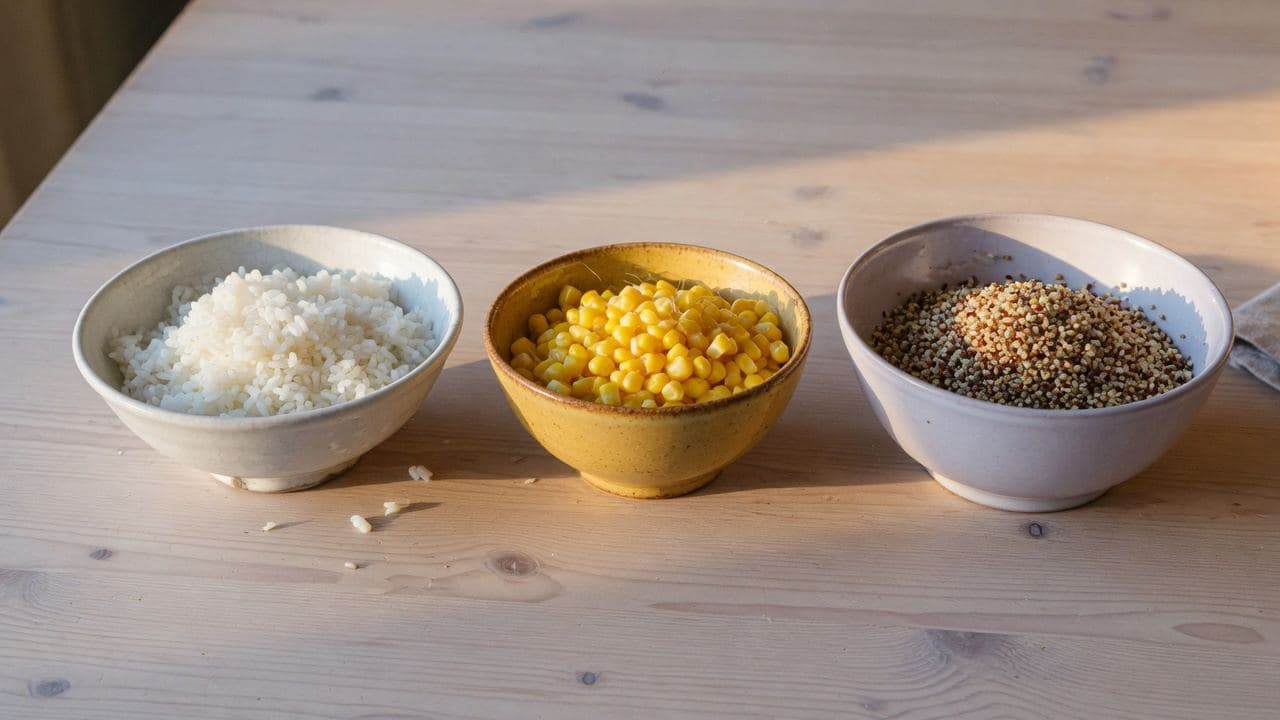 Tre skålar: ris, majs och quinoa på ett träbord