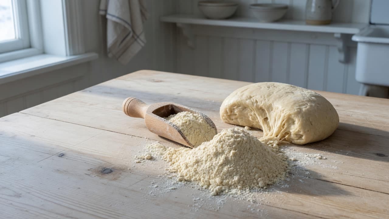 Ljust veteglutenpulver och en elastisk degklump på en bakbänk
