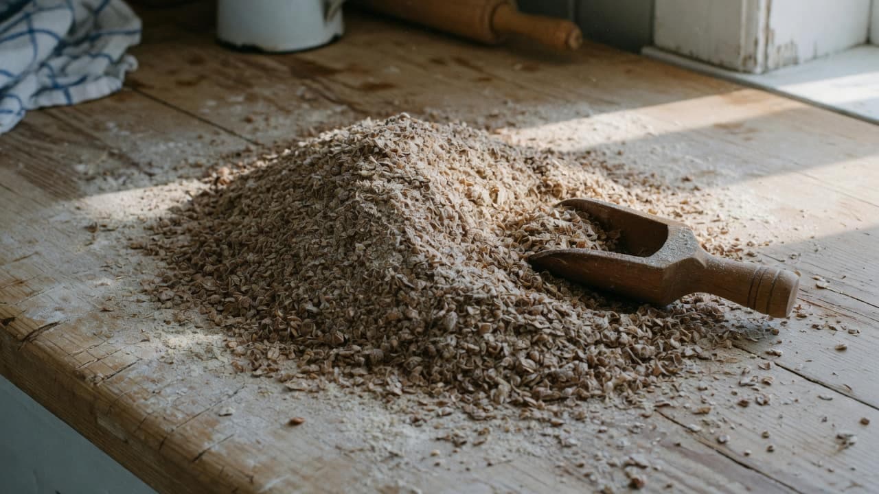 En hög vetekli, bruna skalflingor från kvarnen, på en bakbänk med träslev