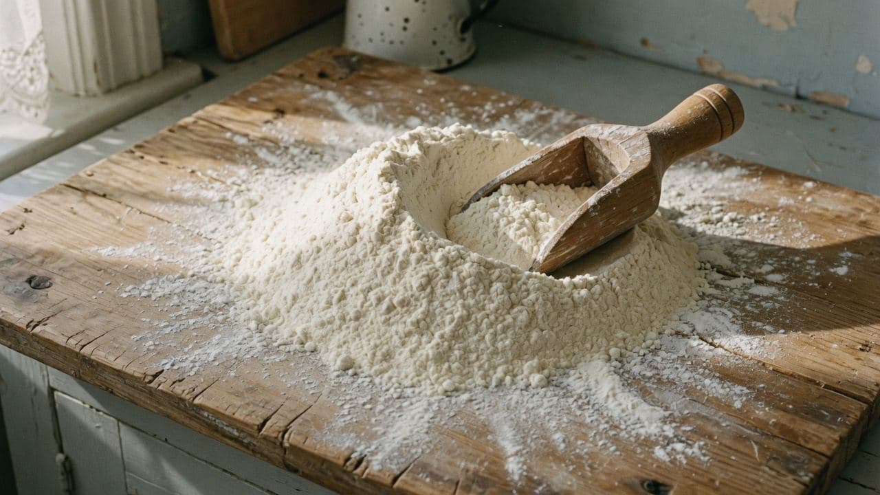 En hög vetemjöl och en träslev på en sliten bakbänk