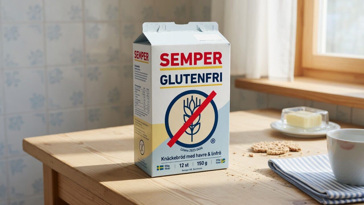 Ett knäckebrödspaket märkt glutenfritt med det överkorsade axet på framsidan, på ett köksbord i sidoljus