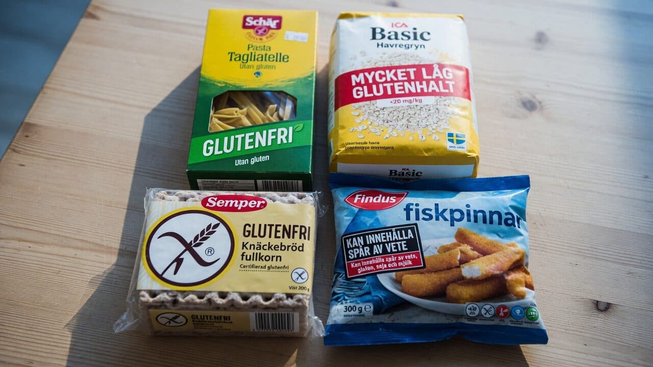 Fyra förpackningar på ett träbord: glutenfri pasta, havregryn med mycket låg glutenhalt, knäckebröd med det överkorsade axet och fiskpinnar märkta med spår av vete