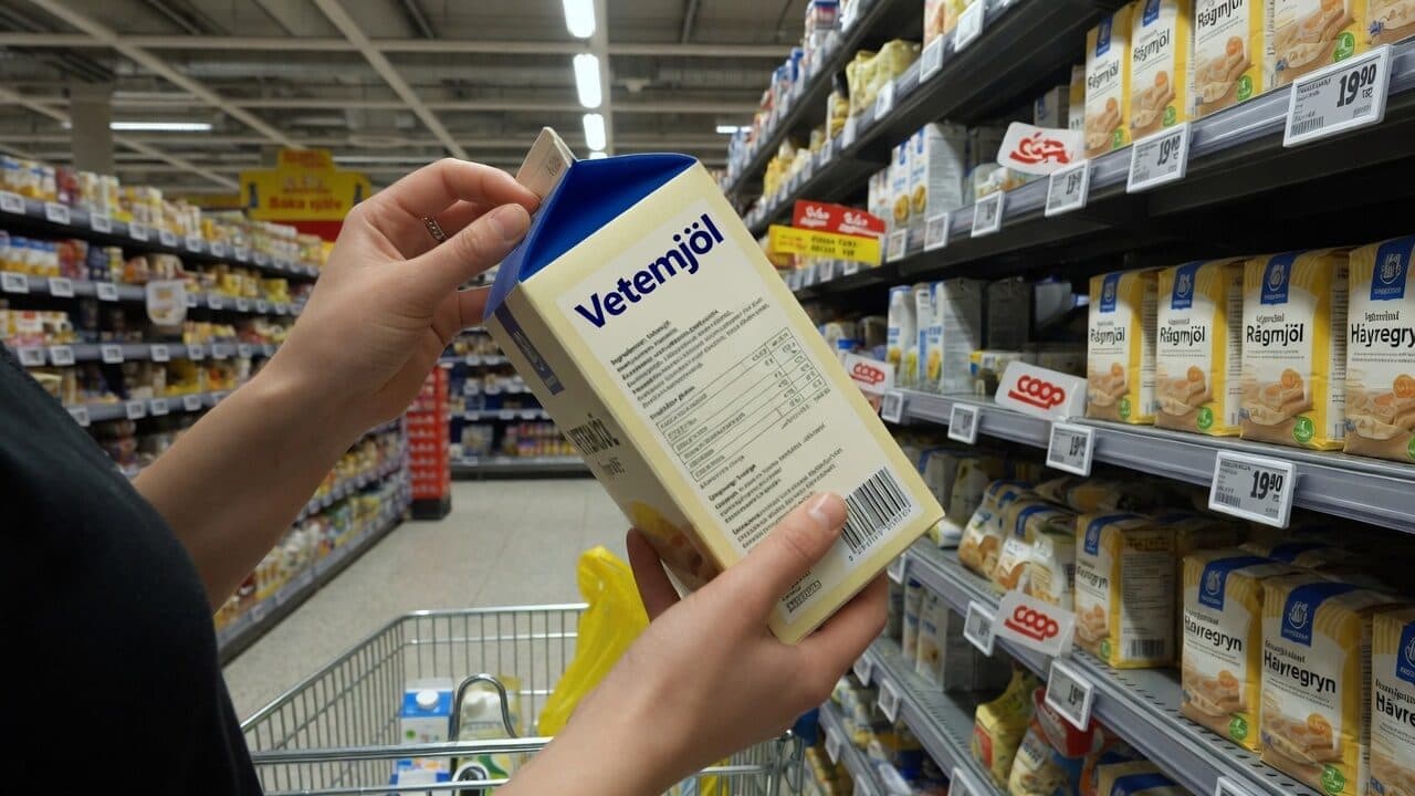 Två händer som håller en mjölförpackning i en butiksgång och läser innehållsförteckningen