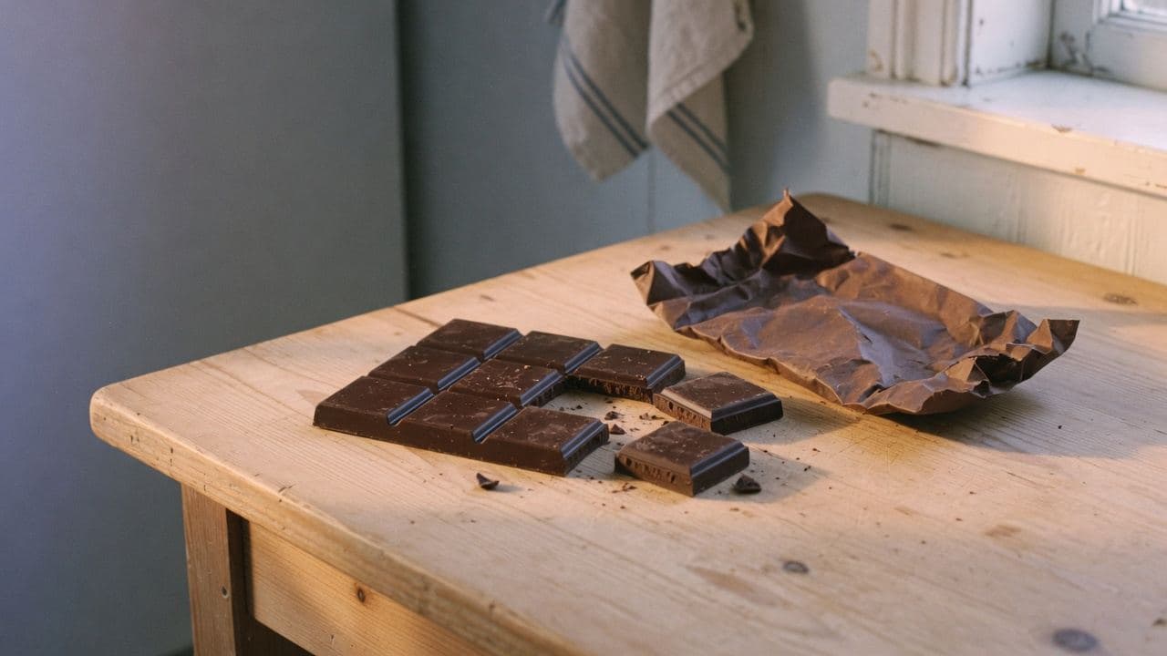 En mörk chokladkaka bruten i rutor på ett träbord, med ett tomt omslagspapper bredvid