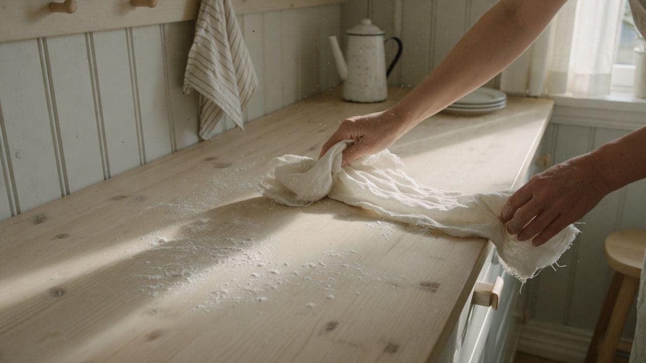 Två händer som torkar en träbänk med en linneduk, mjöl i sidoljuset
