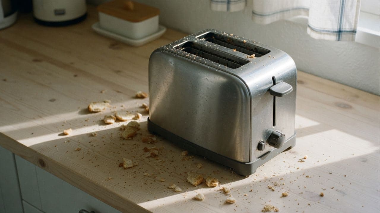 En rostfri brödrost med smulor på en ljus träbänk i sidoljus