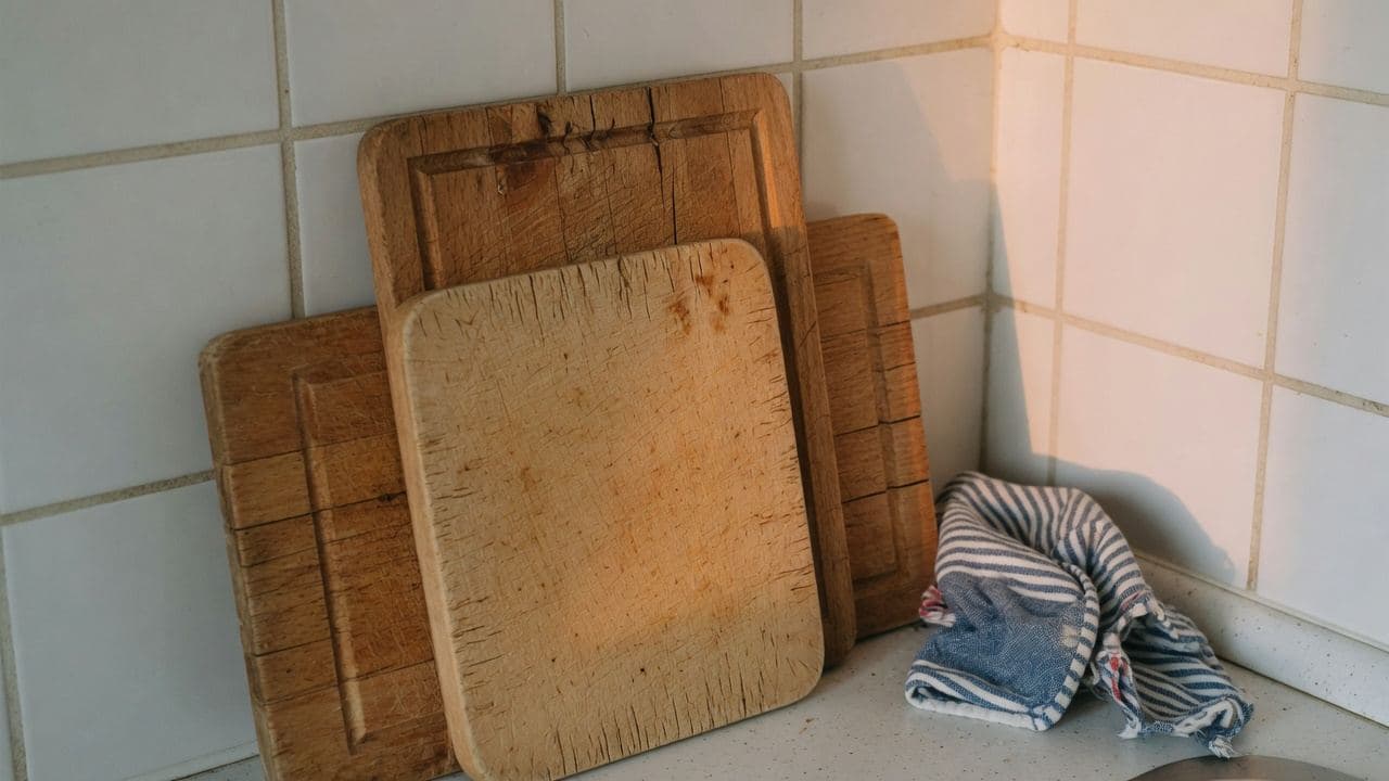 Tre slitna träskärbrädor lutade mot vitt kakel