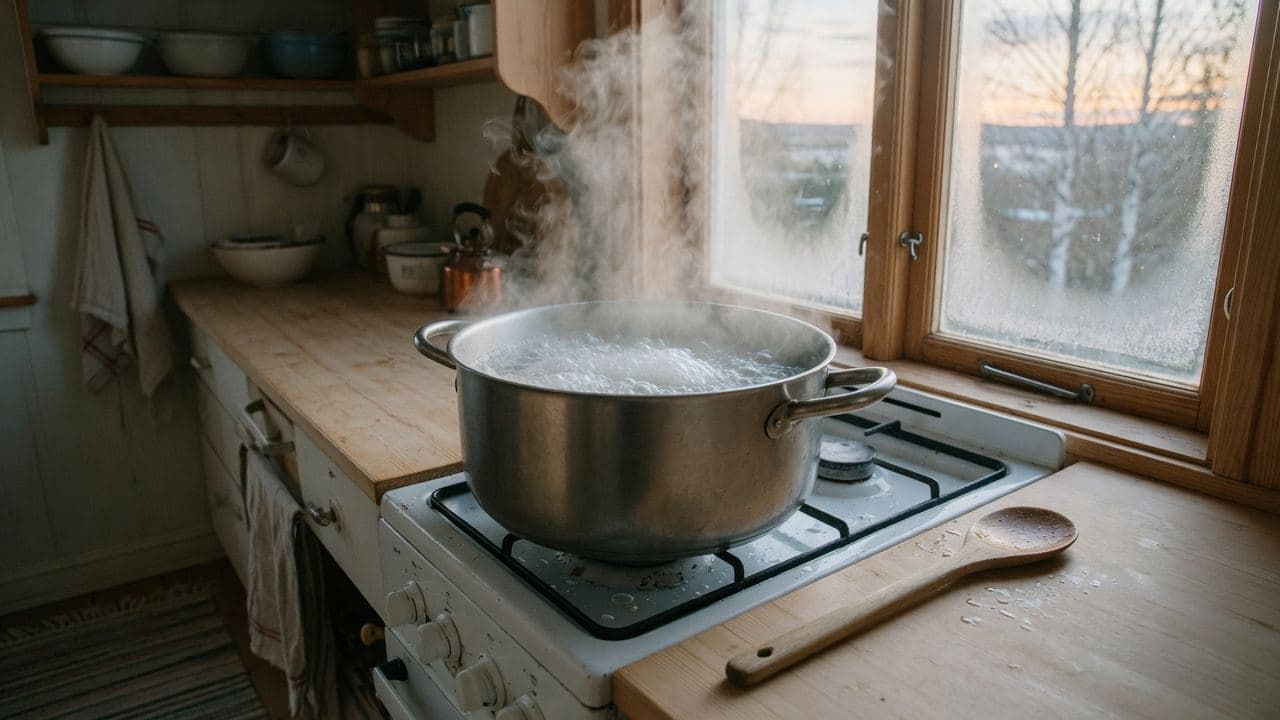 En kastrull med kokande vatten på spisen, ånga mot ett vinterfönster