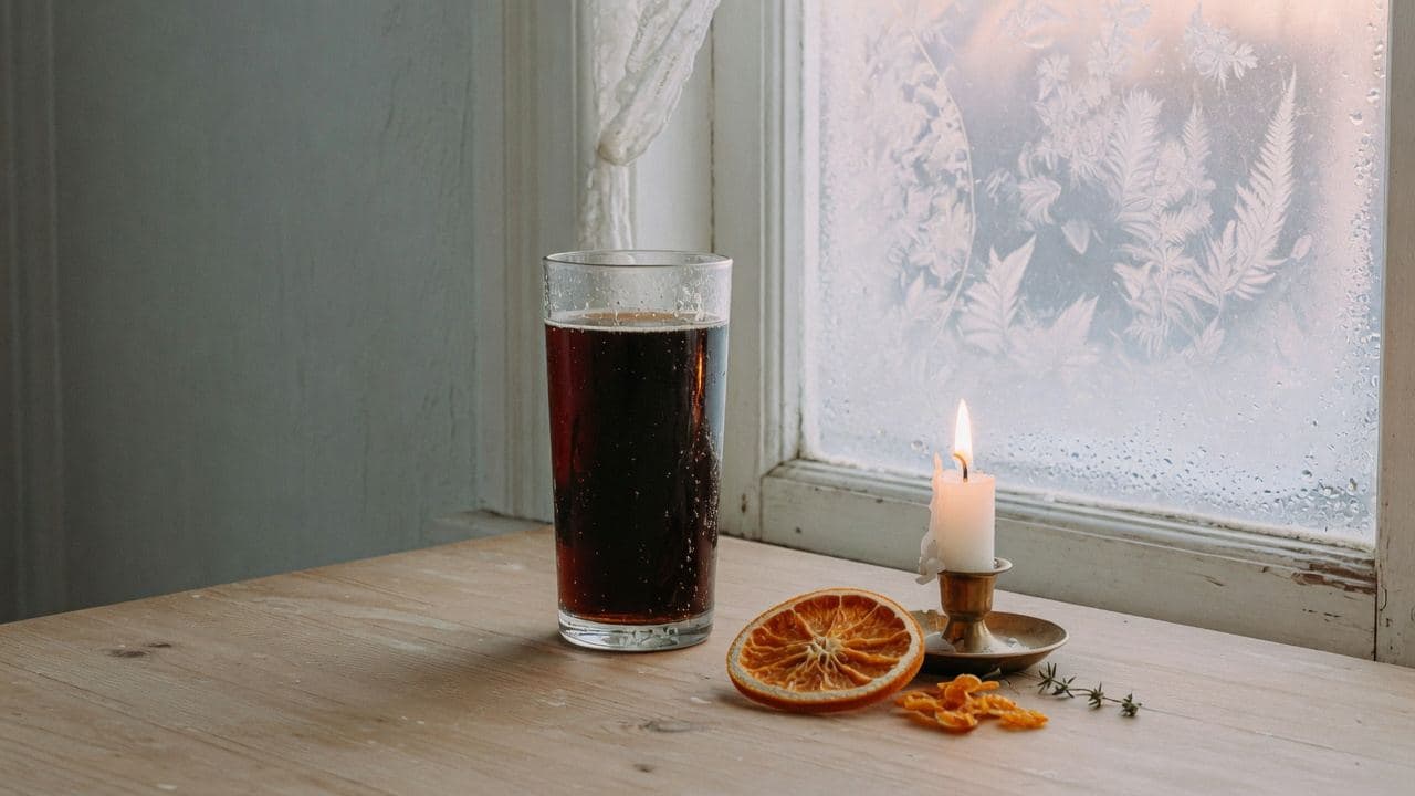 Ett glas mörk julmust vid ett vinterfönster, med ett tänt ljus och en torkad apelsinskiva