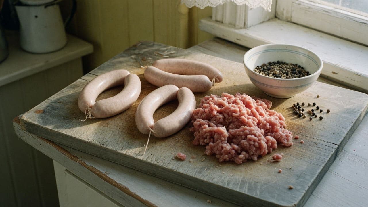 Korvar och färs på en sliten träskärbräda i sidoljus