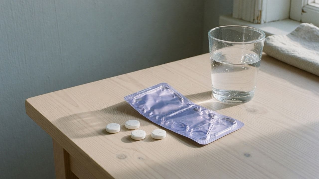 Vita tabletter, en tom blisterkarta och ett vattenglas på ett träbord
